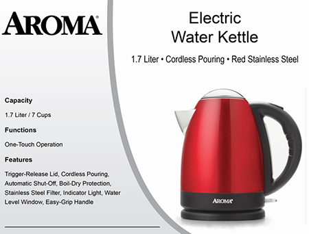 Aroma 1.7 Liter (7-Cup) Stainless Steel Electric Water Kettle AWK-125R