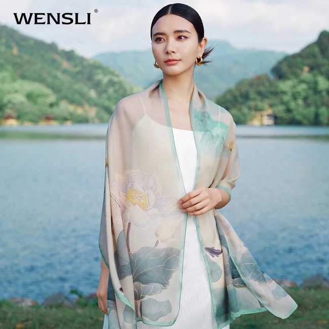 万事利WENSLI 真丝丝巾女雪纺丝绸披肩长巾 礼盒装-荷韵180x53cm