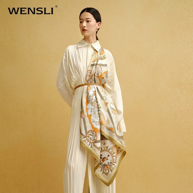 万事利WENSLI 真丝丝巾方巾丝绸披肩 四时景-咖色